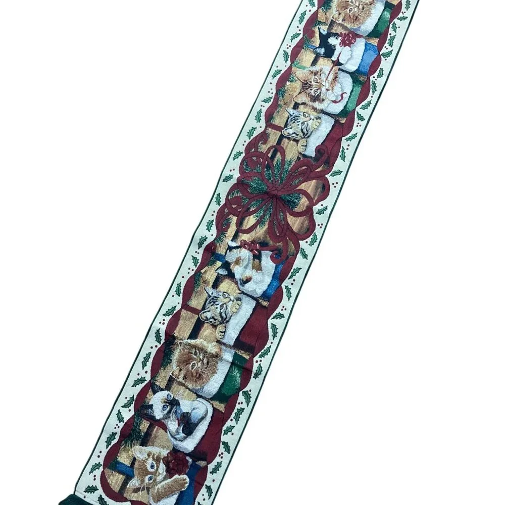 Whimsical Cozy Cats Christmas Tapestry Table Runner Kittens 13x73 Made In USA